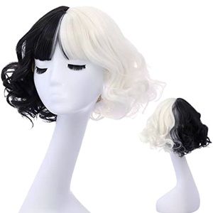 PLATINUM Black White Wig Women Short Curly Wig Split